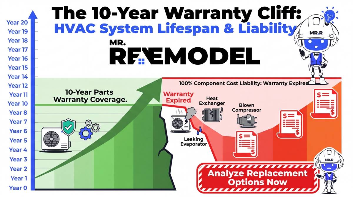 A clean, vertical infographic visualizing the critical 10-year cliff. It maps the value of a central split system. Years 1-10 (Green Zone) show a badge reading "10-Year Parts Warranty." At Year 10, a graphic "cliff" drops off into the Years 10-20 (Red Zone), where icons of repair bills get progressively larger, labeled "100% Component Cost Liability," paired with a clear warning: "Warranty Expired: Audit Replacement ROI Now."